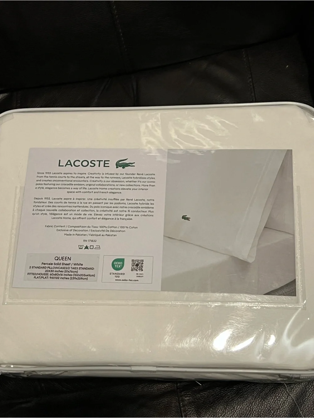 Lacoste White Queen Cotton Percale Sheet Set with Embroidered Croc
